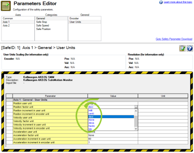 Parameters Editor with the Position factor unit values circled